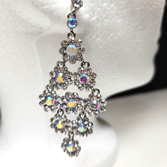 Bling Rhinestone Earrings AB Flower Drop Chandeliers 2.75 in. Pagent Prom - Picture 5 of 7